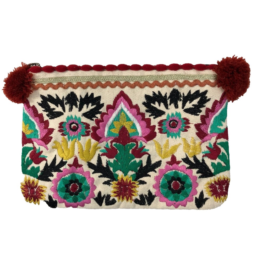 LA Chic Designs Pouch‎ Bag Size 7x5 Ivory Red Floral Embroidered Pom Poms Clutch